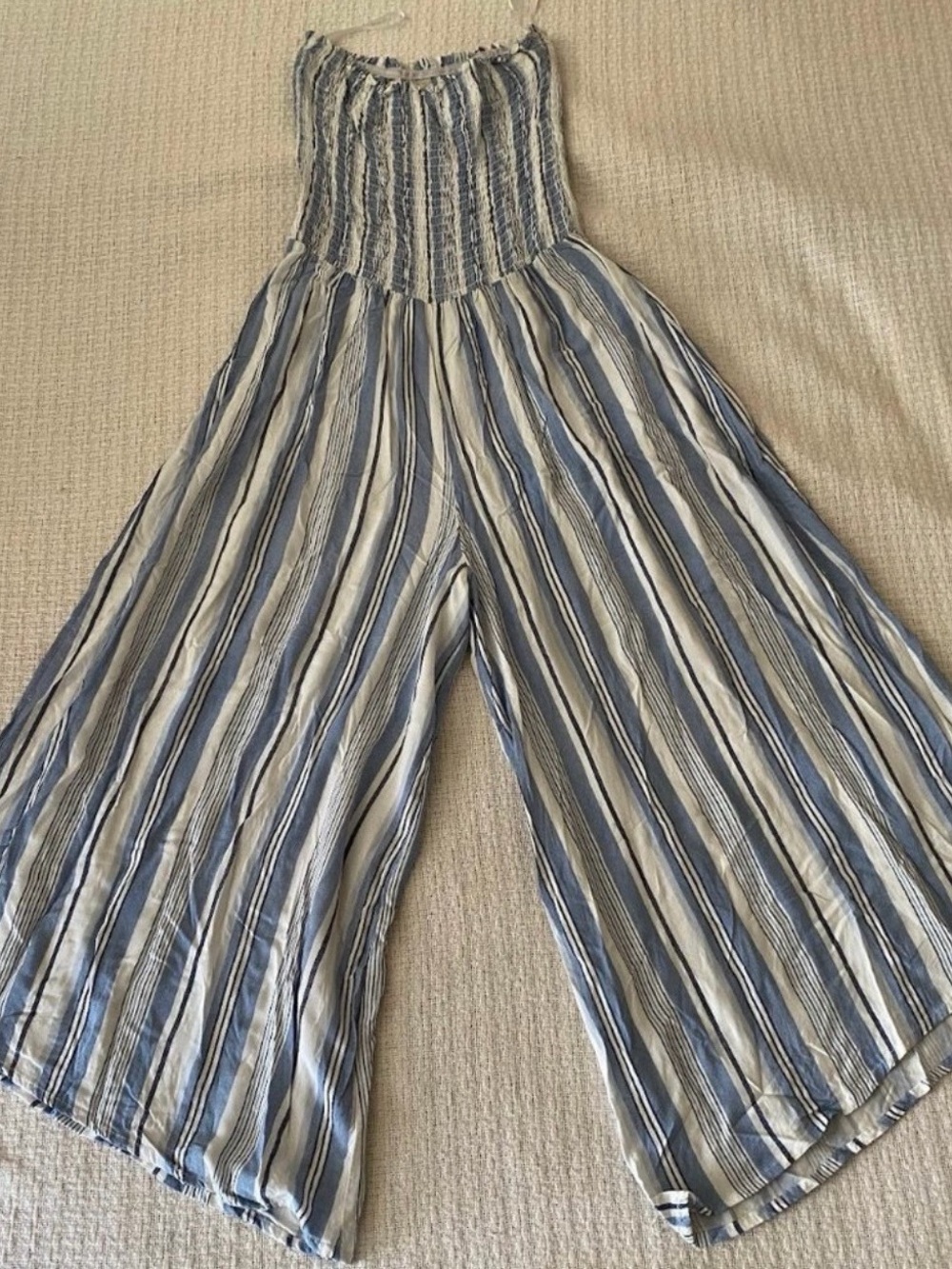Ocean Drive Blue and White Striped Smocked Wide-Leg Jumpsuit
